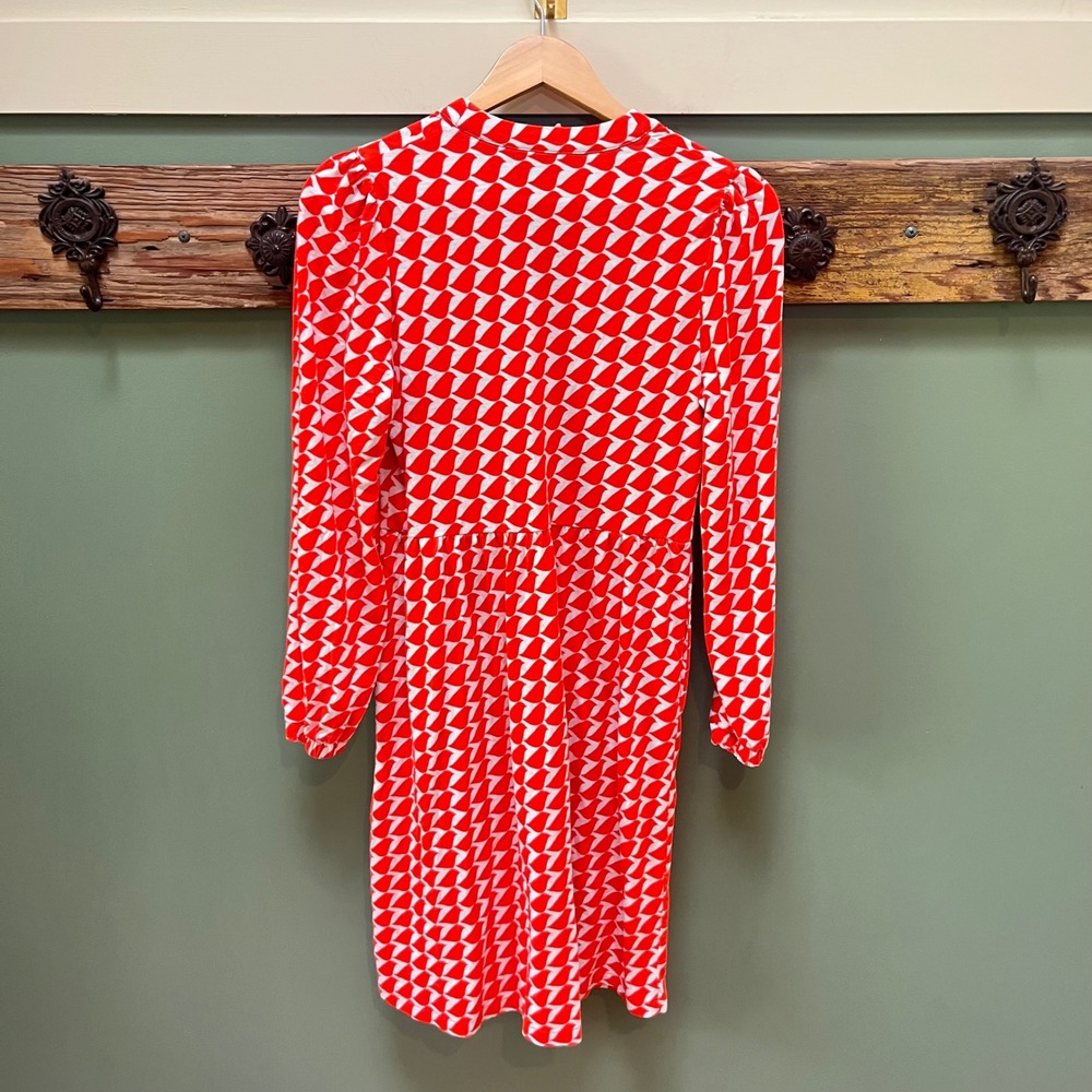 Boden Orange Red White Bird Print Jersey Dress V-Neck Long Sleeve Pockets US 6R